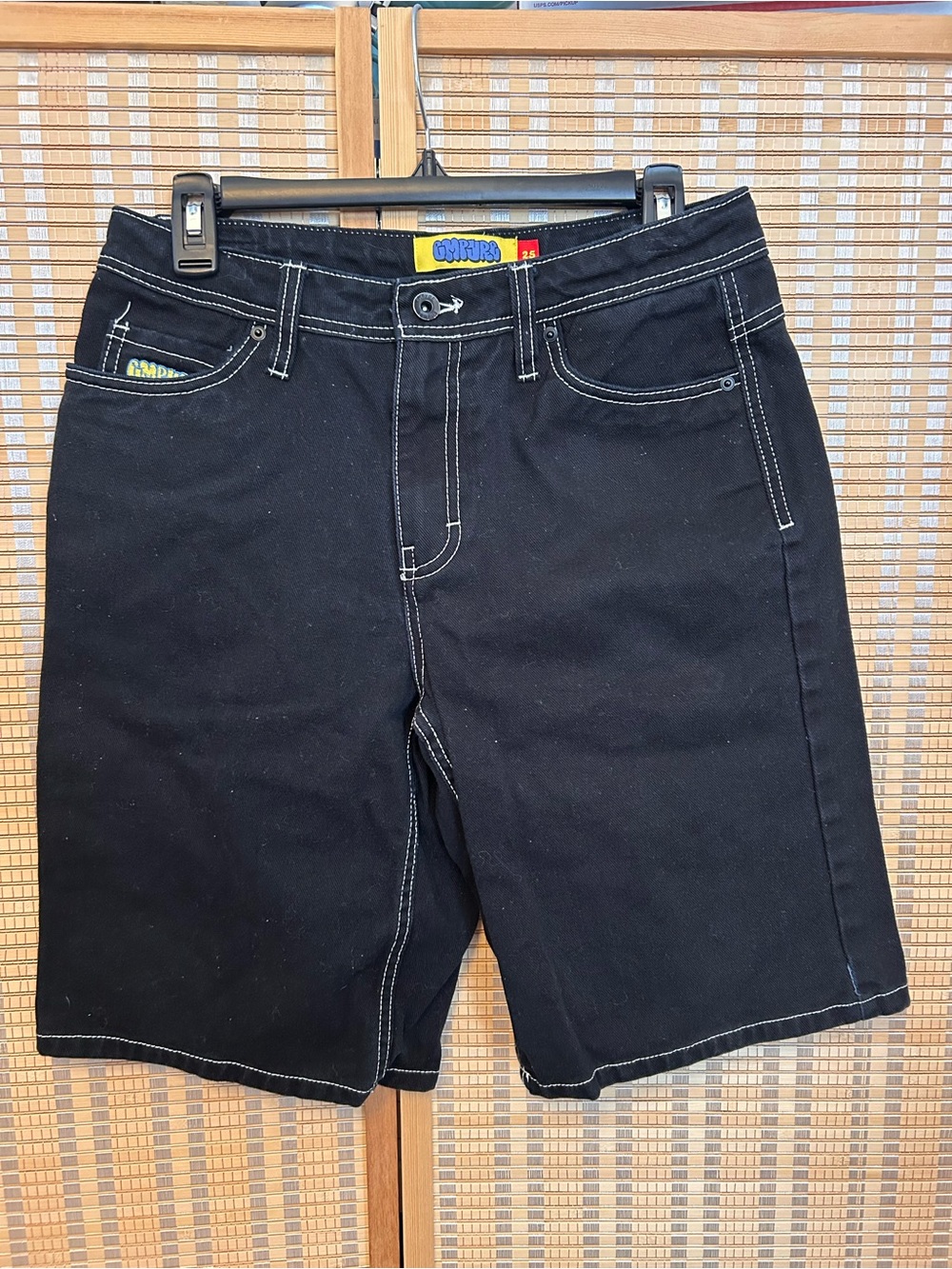 Empyre Denim Shorts Mens 25 (30) Black Contrast Stitch Fire Hydrant Embroidered